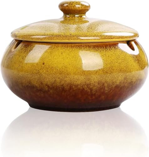 Ceramic Ashtray with Lid – Windproof & Odour-Reducing Ash Tray – Stylish Glazed Design for Indoor & Outdoor Use – Heat-Resistant – 9x11.5cm JR23076 (Yellow)