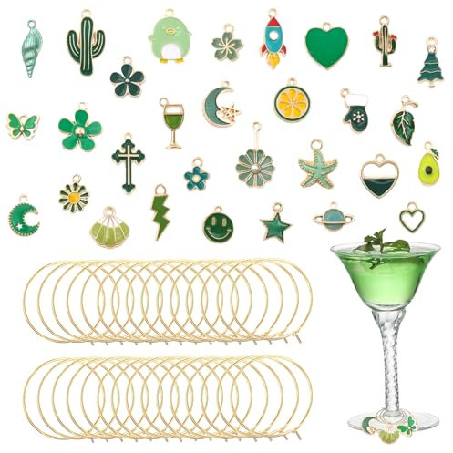 Silars Segnabicchieri Ciondoli di Colorato, 30pz Ciondoli per Calici da Vino Segna Bicchieri Calici Marcatori di Bevande, Identificatori di Vetro, Forniture per Feste (Verde)