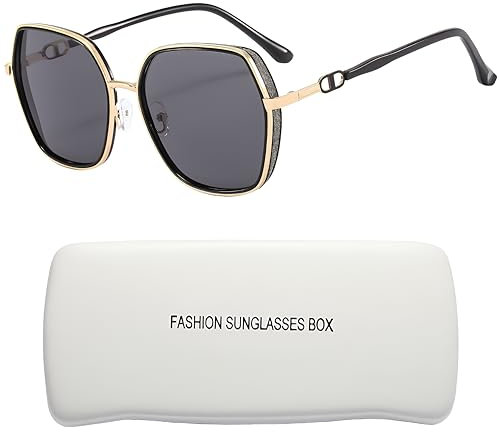 YAVO-EU Gafas de Sol Mujer Polarizadas Vintage Protección UV400 Gafas de Sol de Gran Tamaño moda Sombras de Damas de Gran Tamaño para Conducir Viajes (Black gold frame/black gray lens)