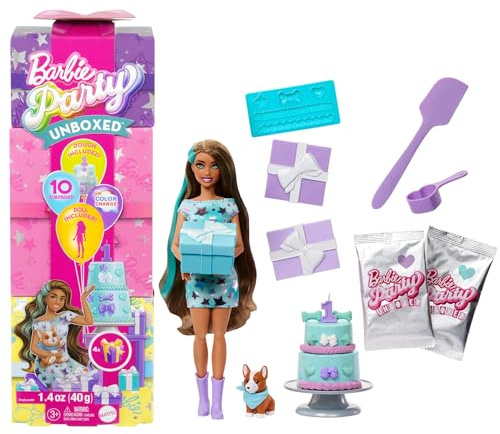 Barbie Party Unboxed Puppe und Accessoires, Haustier-Geburtstagsserie, Party Stars-Set mit 10 Überraschungen inklusive Farbwechseleffekt und Kuchendekoration, JFG72