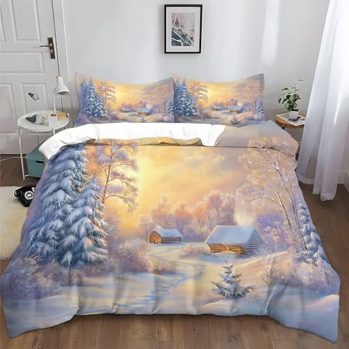 Dipinto Ad Olio Stile Rustico Paesaggio Invernale Copripiumino Matrimoniale Set 240x220 cm con 2 Federa 50x75 cm Bianco Copripiumino in Morbido e Anallergico 100% Microfibra con Cerniera