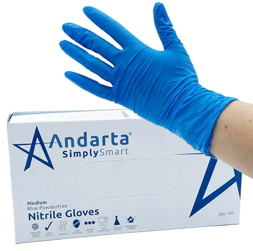 andarta - Nitrile Powder-free Medium Disposable Gloves - Blue, Box of 100 - Latex-Free - with Textured Fingertips for Increased Grip - Reliable Protection - Ideal for Medical and Industrial Use