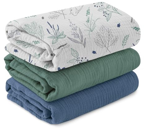 Muslin Swaddle Blankets for Newborn, 3 Pack Breathable Soft Receiving Blanket, Large 38 x 40 inches Swaddle Wrap Burping Clothes Diapers, Essentials Infant Shower Items, Toddler Gift (Fawn & Leaves)