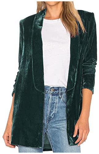 Blazer uni à manches longues en velours pour femme - Veste élégante en velours - Grande taille - Ouvert sur le devant - Blazer décontracté pour le travail et le bureau, A01-vert., XXL