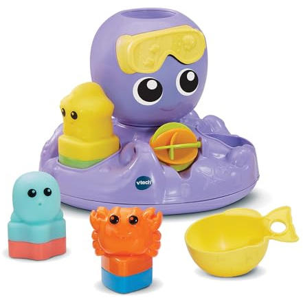 VTech - Julie, Ma Pieuvre Toupie de Bain, Jouet de Bain Bébé avec Trieur de Formes, 3 Animaux Arroseurs Faciles à Laver et Sécher, Cadeau Enfant Fille et Garçon Dès 1 an - Contenu en Français
