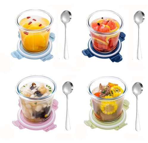 Lot de 4 Récipients en Verre 800 ml avec Couvercles Hermétiques - Bols pour Soupe, Compatible Micro-ondes, sans BPA (4 Ronds L)