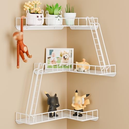 WOPITMER Fire Escape Wall Shelf - Modern City Style 3-Tier Corner Wall Shelves, Easy to Install Metal Ladder Shelf for Figures, New York Decorative Shelves for Bathroom, Living Room & Home Decor,White