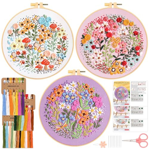 JSRQT 3 Pièces Kit de Point de Croix Plantes Fleurs Broderie Débutant Outil pour Adultes Débutant Démarrage Embroidery Starter Pratique de Point Broderie Fils à Broder
