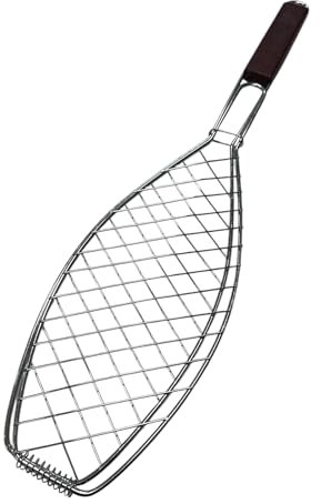 Parrilla para Pescado con Mango de Madera, Rejilla de Acero para BBQ, Canasta de asado de pescado. Accesorio de Barbacoa y camping Portátil