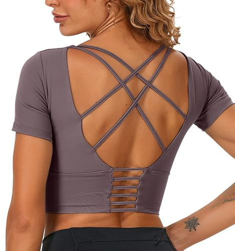 Neteson Tee Shirt Sport Femme Été T-Shirts Tops à Manches Courtes Croisé Crop Top Sport Haut pour Fitness Yoga Gym Running Pilates