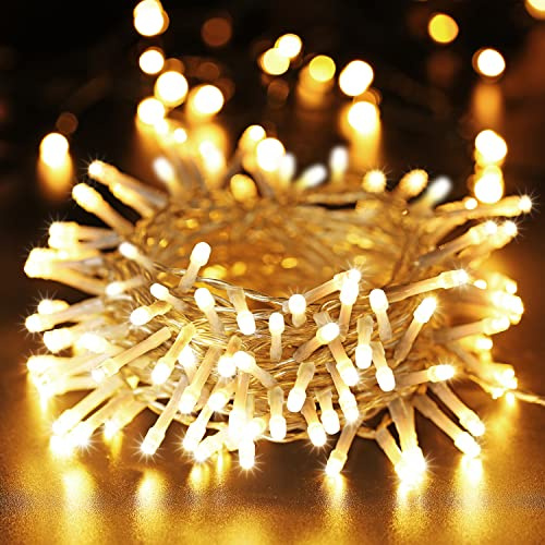 PhilzOps Guirnalda Luces Navidad Interior, 20m 200 LED Luces Árbol de Navidad Exterior Pilas 8 Modos IP44 Impermeable Luz Decorativa Iluminación para Casas Ventana Terraza Patio Boda, Blanco Cálido