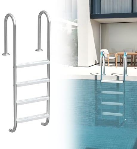 XMTECH Escalera de piscina de acero inoxidable con 4 peldaños antideslizantes de ABS con nervaduras de refuerzo, redondeadas sin riesgo de arañazos, con material de montaje, para piscina de hasta 1,5