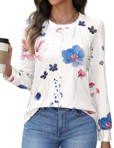 PASUDA Chemisier Femme Manches Longues Tops Chic et Élégant T Shirts Col Rond Pullover Hauts Casual Chemisier Coton Tunique Imprimé Tee Blouse(Fleurs Blanches,S)