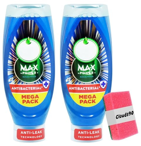 FAIRY's Max Antibacterial Power Washing Up Liquid Eucalyptus – 2 x 730ml with Sponge, Anti-Leak, Tough on Grease