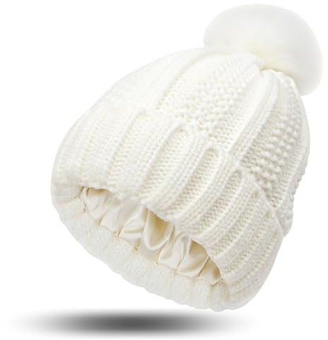 GWAWG Gorro de lana con forro de satén, cálido invierno, gorro de punto con pompón de piel sintética para mujeres y niñas, blanco, Talla única