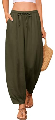 PASUDA Pantalon Femme Été Fluide Léger 7/8 Pantacourt Elastique Taille Haute Décontracté Ample Pantalons Chic et Elegant Palazzo Longueur Pantalon Plage avec Poches Cordon(Vert Militaire,L)