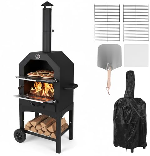 Generic 2-Tier Outdoor Wood Fired Pizza Oven Freestanding Charcoal Pizza Oven with Chimney Wheels Large Freestanding Carbon Grill for Backyard Camping Tailgating