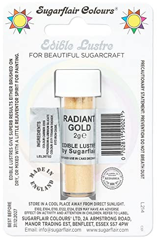 Sugarflair Radiant Gold Edible Lustre Dust, Add a Lustrous Shine to Cakes or Decorations. Brush On or Add Rejuvenator to Create Eye-Catching Edible Paint, Gives Shine to Your Bakes - 2g (Pack of 6)
