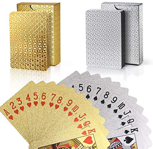 Joyoldelf 2 Stück Spielkarten, Wasserfeste Pokerkarten mit Geschenkbox,Familienparty Spiel Playing Cards (Goldfolie & Silberfolie)