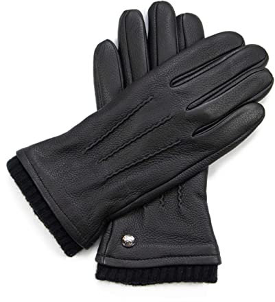 Hand Gewand by Weikert Lederhandschuhe aus Hirschleder mit Kaschmirfütterung, mit warmer Strickstulpe, Herren Hirschlederhandschuhe, warm gefüttert, schwarz