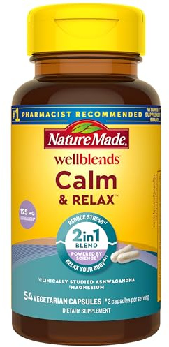 Nature Made Wellblends Calm & Relax, Ashwagandha 125mg, Magnesium 300 mg, 54 Vegetarian Capsules
