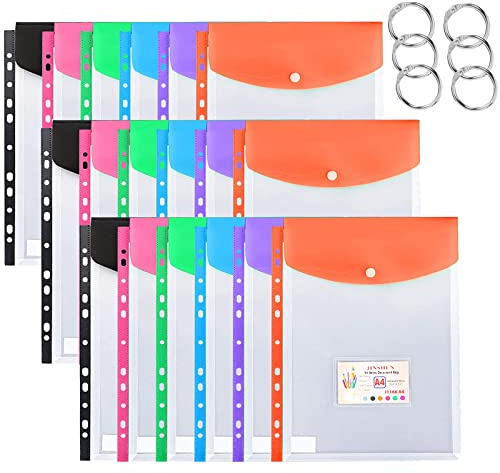 18 Piezas Carpetas Plastico A4, Carpeta para Documentos A4 Bolsillos Perforados de Plástico a4 con Botón, Etiquetas y Anillo, Carpetas Para Archivo para Oficina Hogar Escuela 6 colores