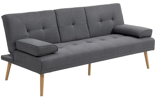 HOMCOM Divano Letto 3 Posti Reclinabile con 2 Braccioli Staccabili, Divano 3 Posti Imbottito Trasformabile in Tessuto e Legno con Portabicchiere per Soggiorno e Salotto, 181x77x78 cm, Grigio Scuro