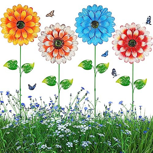 Photect 4 Pcs Piquets de Jardin Décoratifs Piquets de Fleurs en Métal 20'' Bâton de Plante Fleurs en Métal à Piquet Décorations à Piquet pour Pelouse Cour Allée Patio Fête (Couleur Fraîche)