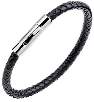 KunBead Jewelry Braided Mens Black Leather Bracelets for Women with Stainless Steel Clasp Cuff Bangle Birthday Bracelet