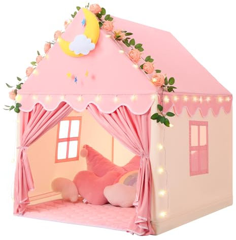 Wilwolfer Kid Tent with Lights - Kids Play Tents for Toddlers Kids Tents Indoor Playhouse - Princess Tent for Girls Toy House Gift - Pink & Yellow, 47x41x51