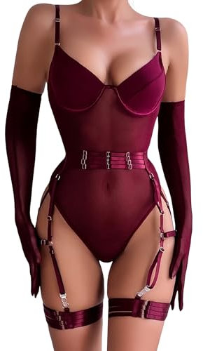EVELIFE Damen Sexy Body Reizwäsche 3-teiliges Set – Verführerisches Spitzen-Mesh Bodysuit mit Strumpfhalter & Handschuhen, Elegantes Dessous Outfit für Frauen, Weinrot, 38