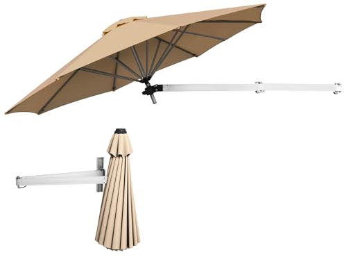 KOMFOTTEU Parasol Mural, réglable en Hauteur & Angle, φ240cm, Parasol rond en Tissu anti-UV, Parasol en Porte-à-Faux, peu encombrant & pliable, pour Café, Jardin, Balcon, Terresse (Beige)