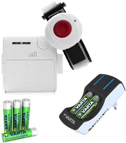 Helpline Mini: Tragbarer Hausnotruf mit Notruf Sender und Gürtel-Clip für die häusliche Pflege, Set mit Armbandsender + Akkus & Ladegerät