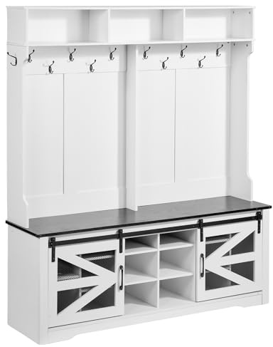 VEVOR Porte-Manteau en Bois, Meuble d’Entrée avec Banc et Rangement pour Chaussures, Support Manteau sur Pied, Vestiaire avec Étagères Réglables, 12 Crochets et Bande Lumineuse USB, pour Couloir