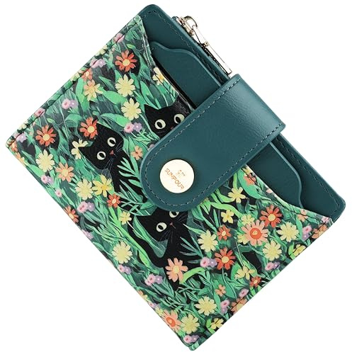 Sunpour Portemonnaie Damen Klein RFID–Mittelgroße Geldbörse aus Leder mit Kartenfächern,Münzfach mit Reißverschluss&Abnehmbarem Ausweisetui–Kompaktes Portmonee Damen für Alltag&Reise(Katzen)