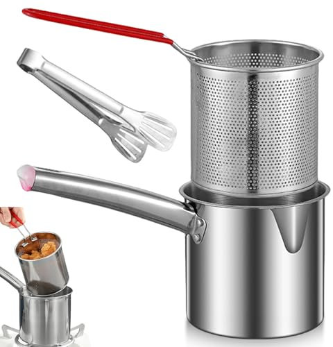 Pentola da 1,8 l, in acciaio inox, contenitore per grasso con filtro a maglia fine, con coperchio, pentola per friggere patatine fritte, pollo