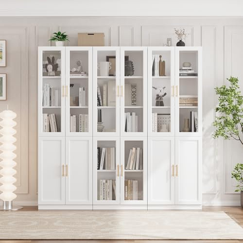 VOWNER Bücherregal mit Glastüren, 5-stöckiges Bücherregal mit Verstellbarem Regalboden, Modernes Großes Aufbewahrungsvitrinen-Set für Home Office, Wohnzimmer, Weiß(ACA)