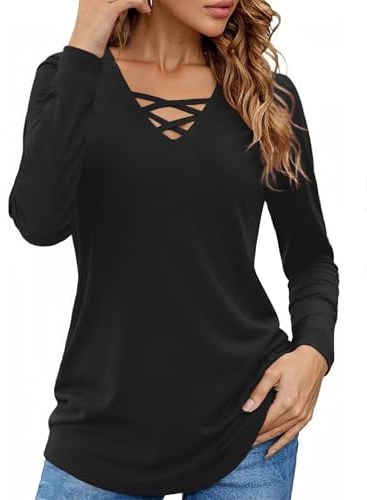 Totatuit Top Femme Col V Manches Longues en Coton avec Détails Croisés