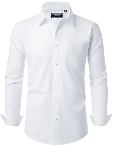 Alimens & Gentle White Men Shirts Long Sleeve Non Iron Formal Regular Fit Button Down Dress Shirts with Pocket M