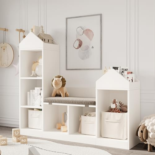 Cachpib Banc pour enfant avec étagère, banc avec espace de rangement, étagère pour enfants, coin lecture, banc à chaussures, banc à chaussures, étagère à livres, étagère à jouets, 121 x 30 x 108 cm