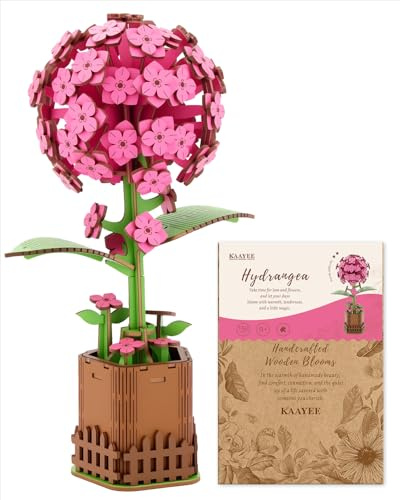 KaayeeWood Puzzle 3D en Bois, 3D Puzzle de Fleurs en Bois pour Adultes,Kit Artisanal de Fleurs Artificielles, Cadeau d'anniversaire, de Saint - Valentin ou de Ffête des Mères(Hortensia)