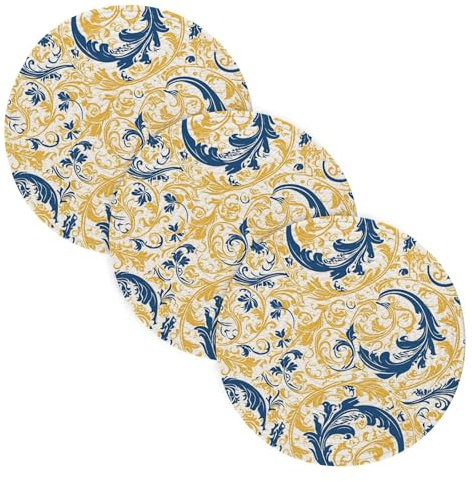 Retro Leaves Pattern Yellow Blue 3 Pcs Non Slip Trivet for Crock Pot 15in Heat Resistant Table Pad Bathroom Decor