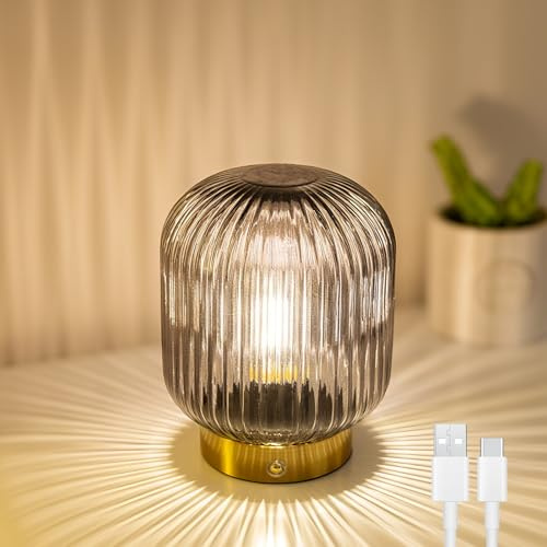 MJ PREMIER Tischlampe Kabellos akku graue Glas Nachttischlampe