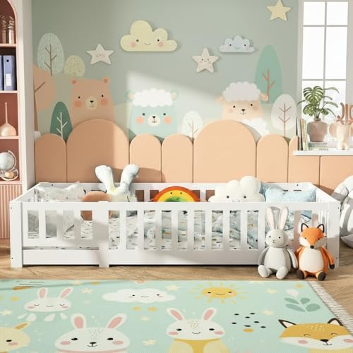 Marooma Lit de sol pour enfant 90 x 200 cm, lit de sol Montessori avec barrières et petite porte, cadre de lit en pin massif avec sommier à lattes, lit à barreaux, facile à monter (blanc A, 90 x 200