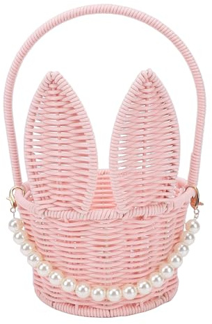 Cosiki Cesta de Conejito de Pascua, Cesta de Huevos de Pascua con Orejas de Conejo Tejida de Ratán PP con Asa y Colgante de Perlas para Decoración de Fiesta de Boda Picnic de Dulces
