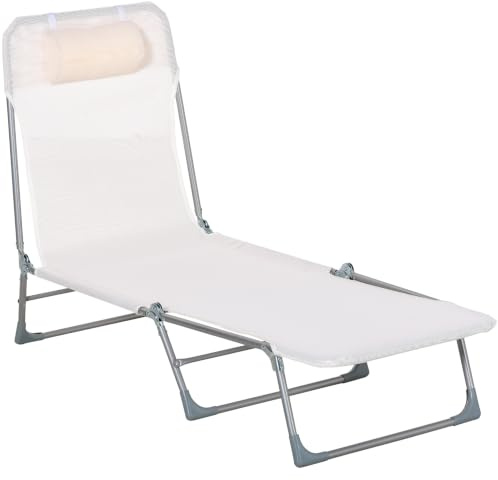 Outsunny Lettino Prendisole Pieghevole Reclinabile 182x56x28 cm Crema | Schienale Reclinabile su 5 Livelli, Sdraio da Giardino, Seduta Traspirante in Texteline, per Spiaggia Piscina Giardino