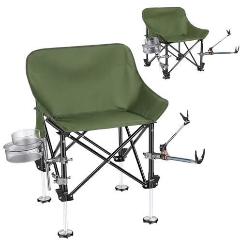 Portable Folding Fishing Chair with Rod Holder, Lightweight Camping Chair for Outdoor Picnic, Storage Bag & Bait Tray, Supports 220 lbs, Adjustable Height Fishing Seat with Non-Slip Feet Green