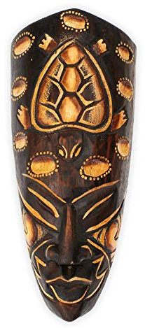 TEMPELWELT Wanddekoration Maske Holzmaske mit Krafttier Motiv Elefant 20 cm, Holz braun weiß, Kunsthandwerk Bali Lombok Dekomaske im afrikanischen Stil