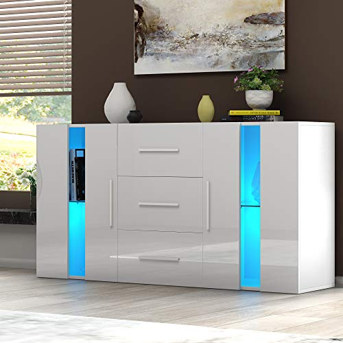 Panana High Gloss 2 Door Sideboard Cupboard with LED Lights and 3 Drawers Display Cabinet Storage Unit for Living Room Bedroom (White)