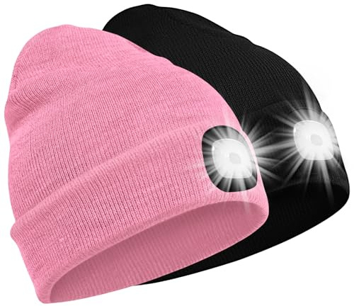 SPGOOD LED Beanie Beleuchtete Mütze mit Licht,Wiederaufladbare Winter Warm LED Haube mit Lampe für Angeln,Jogger,Camping,Laufen,Geschenke für Männer Frauen(Schwarz&Rosa)